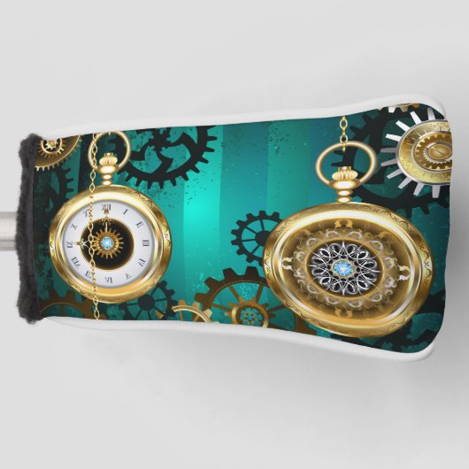 Steampunk-sieraden Horloge op een groene achtergro Golfheadcover (Voorkant)
