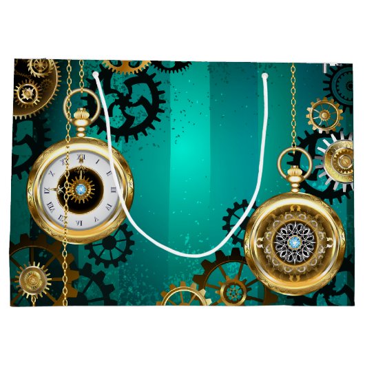 Steampunk-sieraden Horloge op een groene achtergro Groot Cadeauzakje (Achterkant)