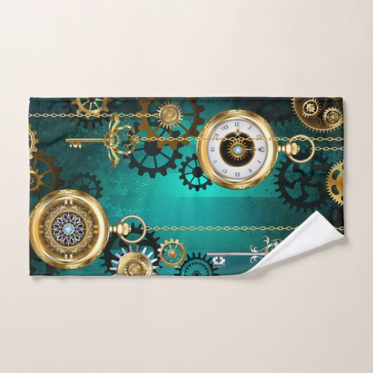 Steampunk-sieraden Horloge op een groene achtergro Handdoek (Handdoek)