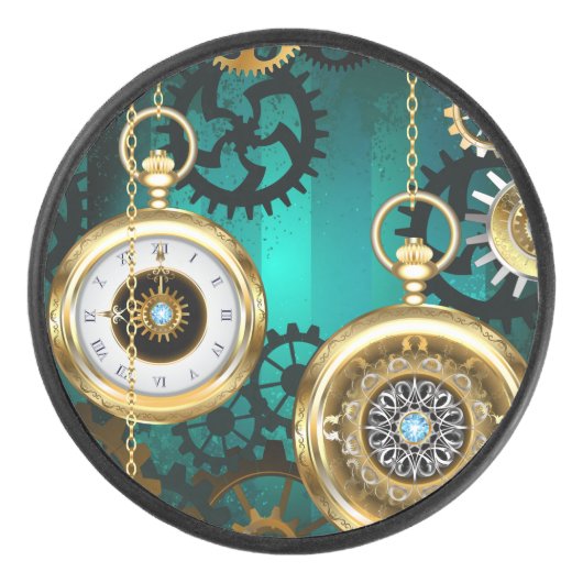 Steampunk-sieraden Horloge op een groene achtergro Hockey Puck (Voorkant)