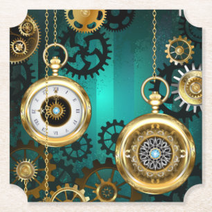 Steampunk-sieraden Horloge op een groene achtergro Kartonnen Onderzetters