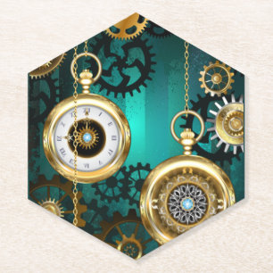 Steampunk-sieraden Horloge op een groene achtergro Kartonnen Onderzetters
