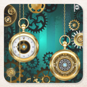 Steampunk-sieraden Horloge op een groene achtergro Kartonnen Onderzetters