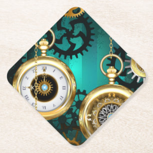Steampunk-sieraden Horloge op een groene achtergro Kartonnen Onderzetters