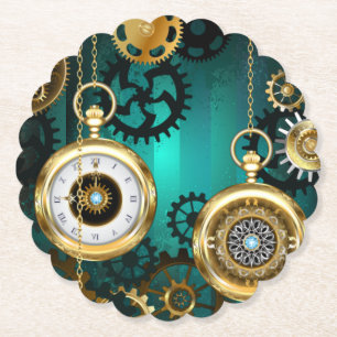 Steampunk-sieraden Horloge op een groene achtergro Kartonnen Onderzetters