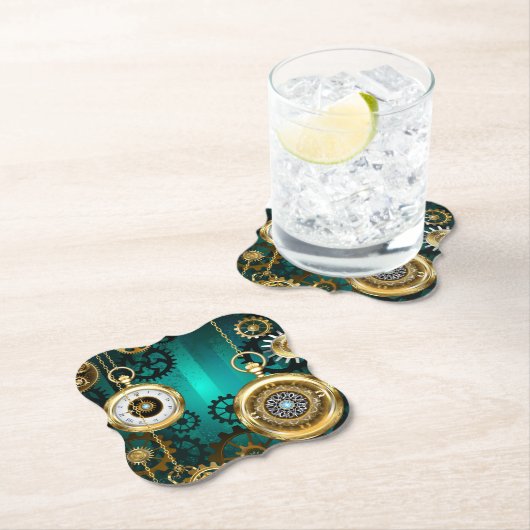 Steampunk-sieraden Horloge op een groene achtergro Kartonnen Onderzetters (Insitu)