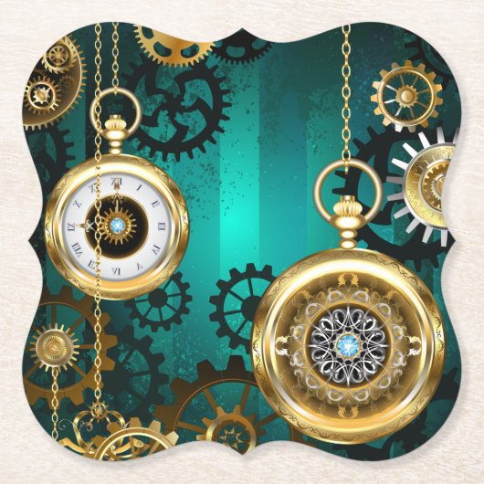 Steampunk-sieraden Horloge op een groene achtergro Kartonnen Onderzetters (Voorkant)