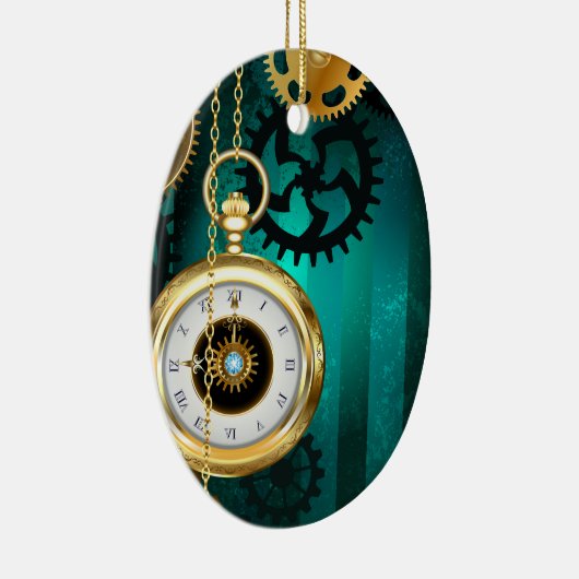 Steampunk-sieraden Horloge op een groene achtergro Keramisch Ornament (Rechts)