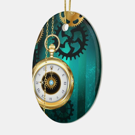 Steampunk-sieraden Horloge op een groene achtergro Keramisch Ornament (Links)