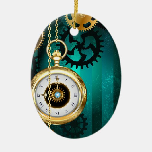 Steampunk-sieraden Horloge op een groene achtergro Keramisch Ornament (Voorkant)
