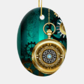Steampunk-sieraden Horloge op een groene achtergro Keramisch Ornament (Achterkant)