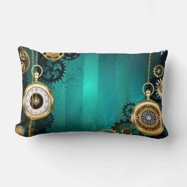 Steampunk-sieraden Horloge op een groene achtergro Kussen (Voorkant)