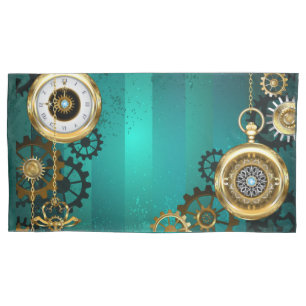 Steampunk-sieraden Horloge op een groene achtergro Kussensloop