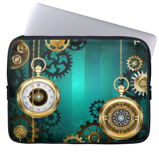 Steampunk-sieraden Horloge op een groene achtergro Laptop Sleeve (Voorkant)