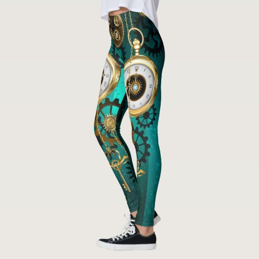 Steampunk-sieraden Horloge op een groene achtergro Leggings (Links)