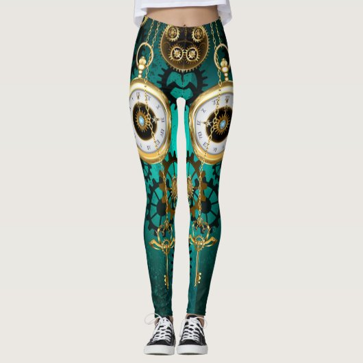 Steampunk-sieraden Horloge op een groene achtergro Leggings (Voorkant)
