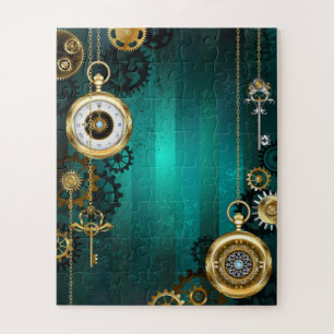 Steampunk-sieraden Horloge op een groene achtergro Legpuzzel