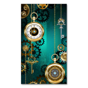 Steampunk-sieraden Horloge op een groene achtergro Magnetisch Visitekaartje