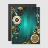 Steampunk-sieraden Horloge op een groene achtergro Magnetische Uitnodiging (Voorkant / Achterkant)