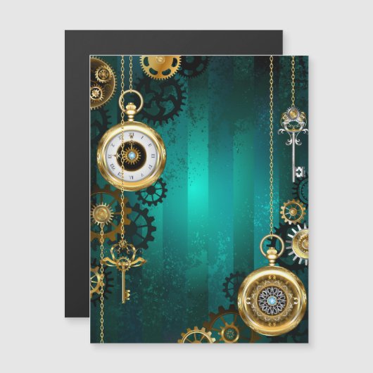 Steampunk-sieraden Horloge op een groene achtergro Magnetische Uitnodiging (Voorkant / Achterkant)