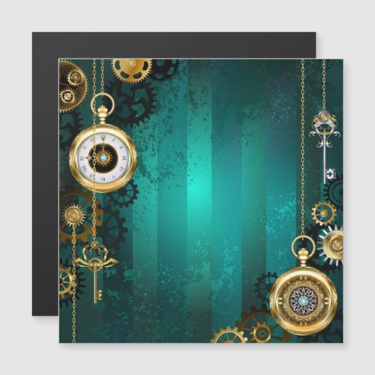 Steampunk-sieraden Horloge op een groene achtergro Magnetische Uitnodiging (Voorkant / Achterkant)