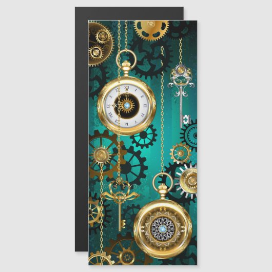 Steampunk-sieraden Horloge op een groene achtergro Magnetische Uitnodiging (Voorkant / Achterkant)