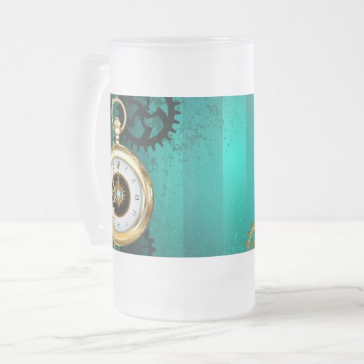 Steampunk-sieraden Horloge op een groene achtergro Matglas Bierpul (Voorkant links)