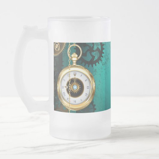 Steampunk-sieraden Horloge op een groene achtergro Matglas Bierpul (Links)