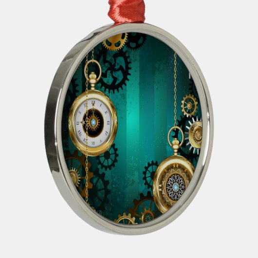 Steampunk-sieraden Horloge op een groene achtergro Metalen Ornament (Rechts)