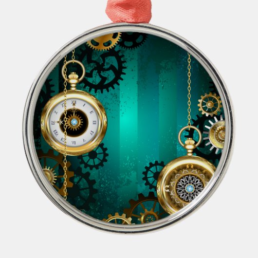 Steampunk-sieraden Horloge op een groene achtergro Metalen Ornament (Voorkant)