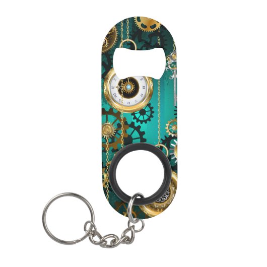 Steampunk-sieraden Horloge op een groene achtergro Mini Flessenopener (Voorkant)