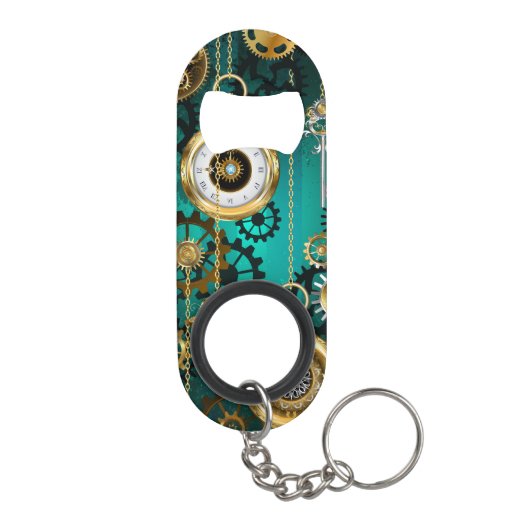Steampunk-sieraden Horloge op een groene achtergro Mini Flessenopener (Achterkant)