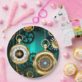 Steampunk-sieraden Horloge op een groene achtergro Papieren Bordje (Feest)
