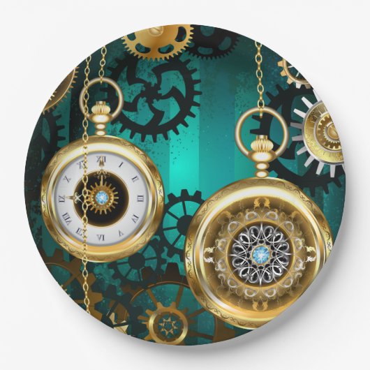 Steampunk-sieraden Horloge op een groene achtergro Papieren Bordje (Voorkant)