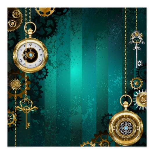 Steampunk-sieraden Horloge op een groene achtergro Perfect Poster (Voorkant)