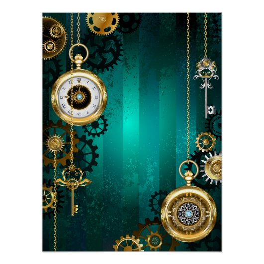 Steampunk-sieraden Horloge op een groene achtergro Perfect Poster (Voorkant)