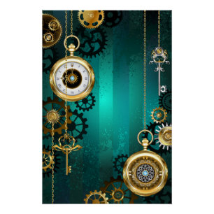 Steampunk-sieraden Horloge op een groene achtergro Perfect Poster