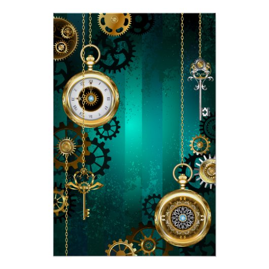Steampunk-sieraden Horloge op een groene achtergro Perfect Poster (Voorkant)