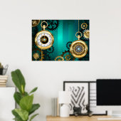 Steampunk-sieraden Horloge op een groene achtergro Poster (Thuiskantoor)