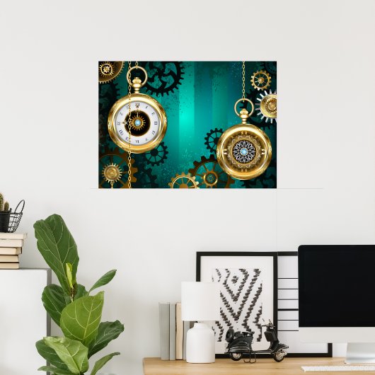 Steampunk-sieraden Horloge op een groene achtergro Poster (Thuiskantoor)