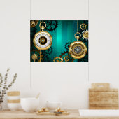 Steampunk-sieraden Horloge op een groene achtergro Poster (Keuken)