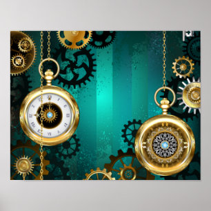 Steampunk-sieraden Horloge op een groene achtergro Poster