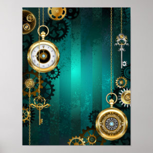 Steampunk-sieraden Horloge op een groene achtergro Poster