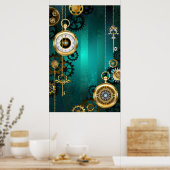 Steampunk-sieraden Horloge op een groene achtergro Poster (Keuken)