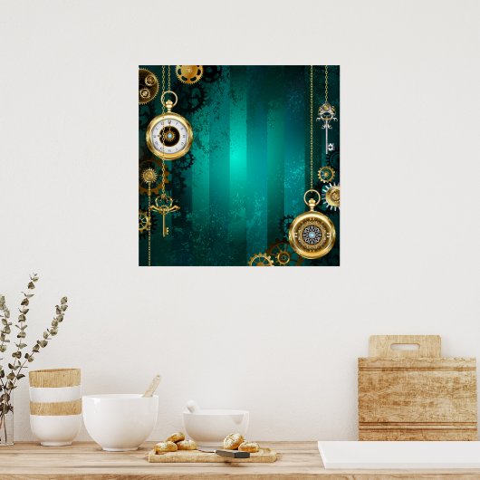 Steampunk-sieraden Horloge op een groene achtergro Poster (Keuken)