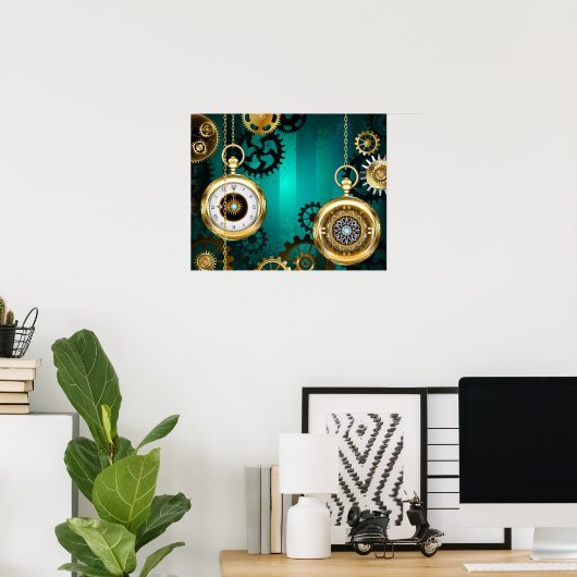 Steampunk-sieraden Horloge op een groene achtergro Poster (Thuiskantoor)