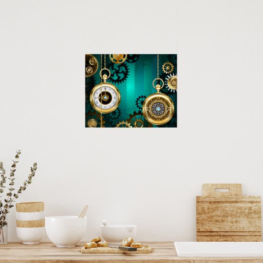 Steampunk-sieraden Horloge op een groene achtergro Poster (Keuken)
