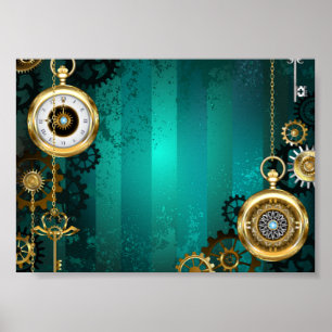 Steampunk-sieraden Horloge op een groene achtergro Poster