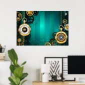 Steampunk-sieraden Horloge op een groene achtergro Poster (Thuiskantoor)