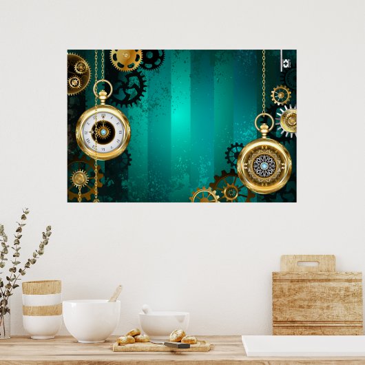 Steampunk-sieraden Horloge op een groene achtergro Poster (Keuken)